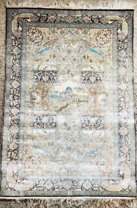 Vintage Chinese Silk Rug Handmade Hand Knotted 3x2 Shades Of Blue White 
