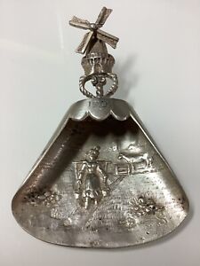 Dutch Solid Silver Tea Caddy Spoon Sugar Scoop Souvenir 1901 Windmill Antique