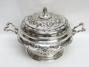 French 19th Century Sterling Silver Roses Ribbons Repousse Soup Tureen