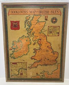 1927 Booklovers Map Of The British Isles Pictorial Mounted Framed P Paine Bowker