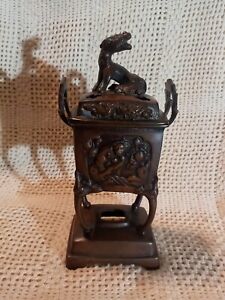 Antique Oriental Bronze Foo Dog Dragon Incense Burner Ornate