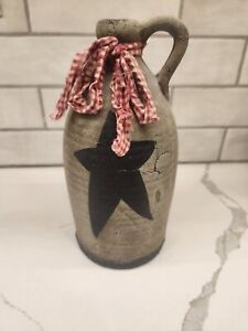 Primitive Stoneware Pottery Jug Vase With Black Star And Red Check Ribbon Detail