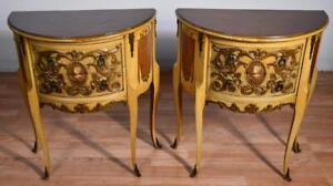 1930s French Walnut Hand Painted Pair Of Nightstands Bedside Tables