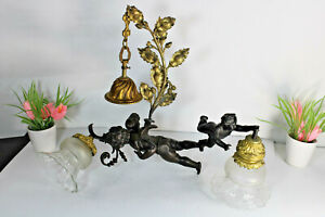 Antique French Brass Spelter 2 Putti Cherub Chandelier Pendant Lamp Rare