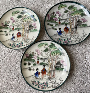 3 Vintage Japanese Moriage Dish Plate Hand Painted Porcelain Flowers