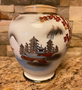 Vintage Japanese Ginger Jar Urn Vase White Copper Blue Gold