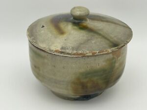 Vintage Japanese Okinawan Green Glazed Pottery Lidded Bowl Or Large Tea Cup