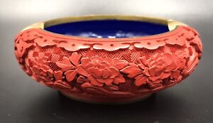 Vintage Carved Ashtray Cinnabar Chinese Red Lacquer Blue Enamel On Brass