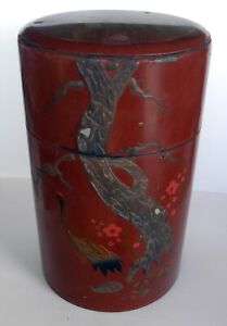 Vtg Asian Tea Caddy Tree Bird Motif Tin W Shell Inlay Red Lacquer 7 2 X4 4 