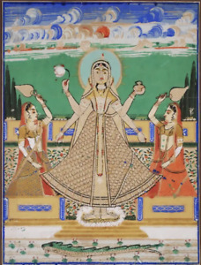 Antique Mughal Style Gouache Painting From Jaipur India Of Goddess Lakshmi