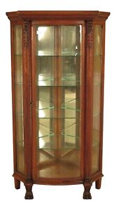 F28570ec Antique Oak Curved Glass Corner Cabinet W Lion Heads