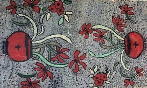 Antique Hooked Rug Folk Art Primitive Stylized Red Flowers Floral 56 X 34 