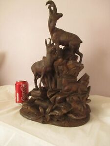 Large 18 Black Forest Carved Wooden Ibex Chamois Group Swiss Wood Carving