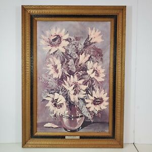 Vintage Mid Century Modern Sunflowers Print Painting Framed Art By Leo Ritter