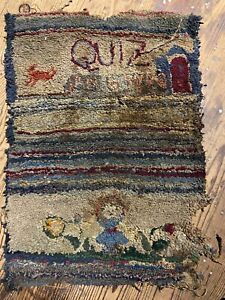 Antique Folk Art Hooked Rug Quiz Jump Rope Girl Dated As Found 31 X 23 