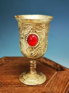  Rare Ancient Chinese Old Silver Copper Inlay Red Gemstone Wine Glass Cup X01