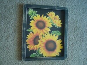 Primitive Country Print Large Sunflowers Black Hand Made Frame 9 1 2 X 11 