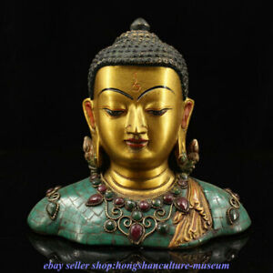 6 8 Old Tibet Buddhism Bronze Inlay Turquoise Gem Shakyamuni Buddha Bust Statue