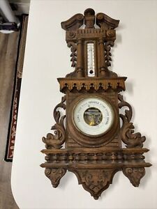 Exquisite Antique French Carved Wooden Barometer Thermometer Not Working 