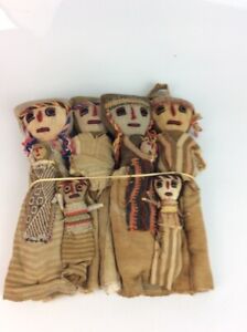 Set Of 4 Peruvian Chancay Wood And Hessian Cloth Funeral Dolls