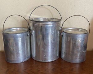Vintage Lot Of 3 Pails Buckets W Lids Handles Metal 1 Gallon 2 Quart