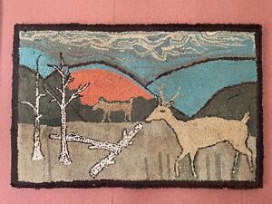 Antique Folk Art Deer Wall Hanging Hooked Rug