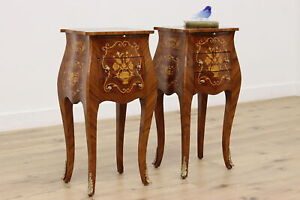 Pair Of Vintage Marquetry Bombe Nightstands Or End Tables 47416