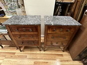 Pair Antique 18th 19th C Italian Bed Side Marble Top Chest Nightstand Commodes