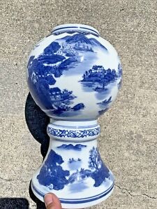 Vintage Blue Willow Chinese Pagoda China Venue Big Ball Vase Large Heavy Sj11m1