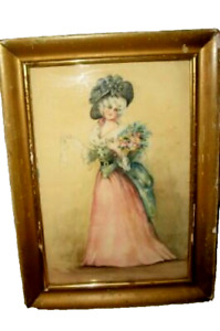 19th C Victorian Watercolor Painting Lady With Flowers Chippy Gold Wood Frame