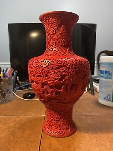 Antique Chinese Red Cinnabar Lacquer Carved Vase