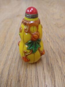 Rare Vintage Chinese Dynasty Glass Hand Painted Yellow Pumpkin Snuff Bottle