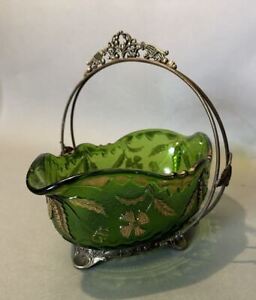 Antique Victorian Silver Plate Brides Basket Gilt Decorated Eapg Art Glass Bowl