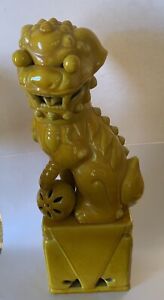 Asian Guardian Lion Foo Dogvintage Yellow Glazed Ceramic 14 Statue