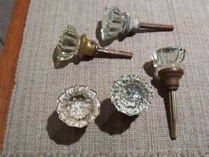 5 Vintage 12 Point Clear Crystal Glass Brass Door Knobs Antique Hardware
