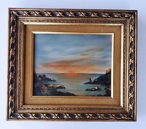 Superb Antique Oil Painting Coastal Sunset Fisherman Signed