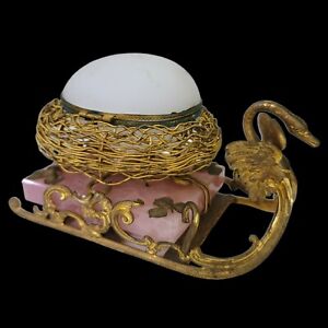 Antique Opaline Glass Egg In Brass Nest Rose Quartz Palais Royal France Rare 