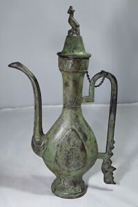 Vintage Reproduction Chinese Bronze Ritual Ewer Pitcher Verdigris Finish Signed