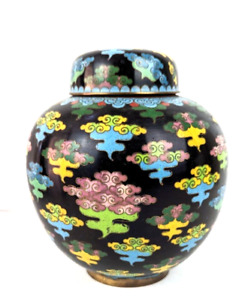 Antique Chinese 7 Cloisonne Ginger Jar Urn W Lid Black Ground Multi Color