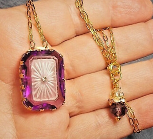 1930 Amethyst Camphor Glass Sunburst In Gold Plated Setting Gp Paper Clipchain