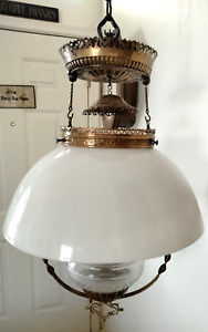 Antique Victorian Brass Milk Glass Shade Retractable Hanging Kerosene Oil Lamp