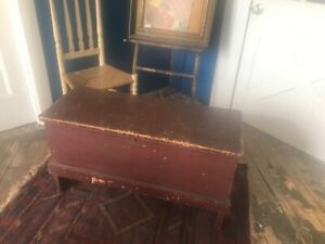 Antique 19th C Blanket Box 6 Board Chest In Old Red Paint Nice Size Square Nails