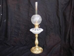 Antique French Gilt Bronze White Cut To Clear Crystal Kerozene Lamp 