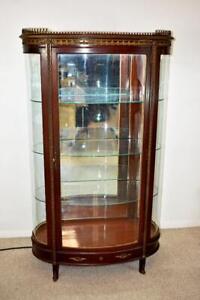 Antique French Style Mahogany Curved Glass Curio Cabinet