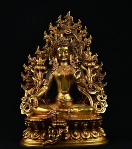 10 China Old Tibetan Buddhism Temple Bronze Gilt Green Tara Bodhisattva Statue