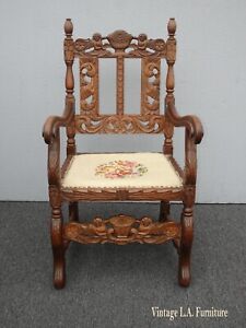 Vintage Spanish Style Highly Carved Throne Chair W Needlepoint Floral Fabric