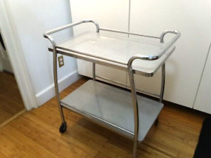 Vintage Art Deco Mcm 1950s Gray Formica Chrome Kitchen Bar 2 Tier Rolling Cart