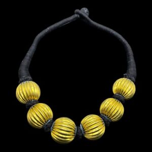 Vintage Beautiful Tibetan Gold Gilded Big Brass Engraving Beads Necklace