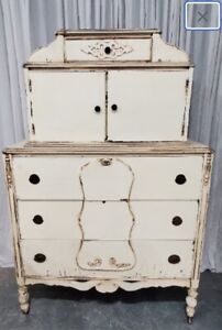 Antique Depression Era Painted Ivory Distressed Dresser Chest Double Stacked
