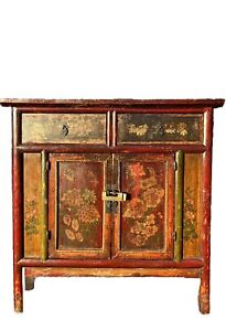 Antique Tibetan Chinese Wedding Cabinet Linen Press Cupboard Mongolia